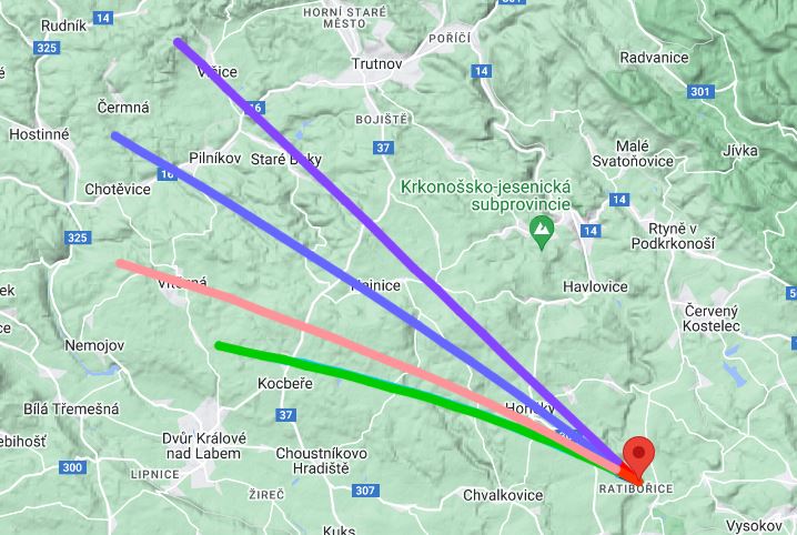 Ppředpokládaná trajektorie letu v pátek z Ratibořic