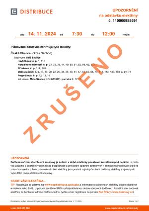 ZRUŠENO: Přerušení dodávky elektřiny v části Malé Skalice 1